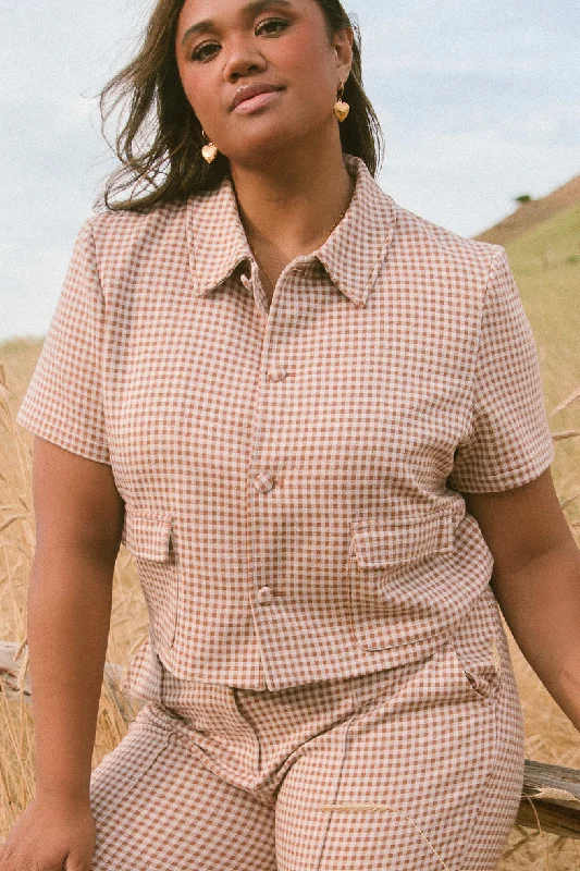 Drew Blouse in Tan Gingham Stretchy Fitted Blouse