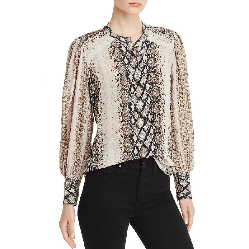 Joie Womens Talin Snake Print Button-Down Blouse Satin Bow Blouse