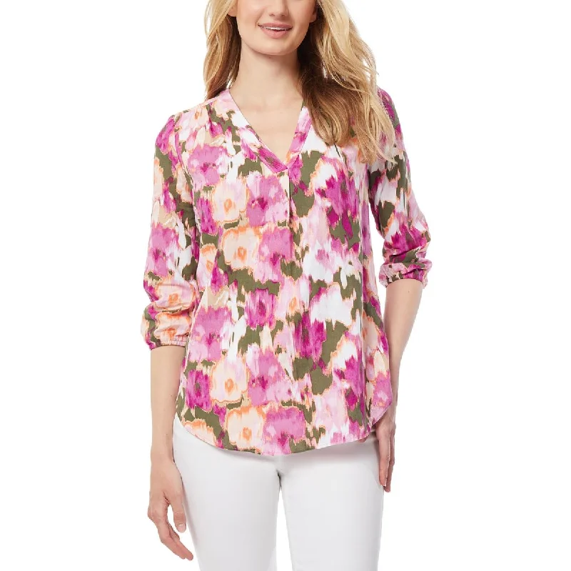 Jones New York Womens V-Neck Printed Blouse Frilled Cuff Blouse