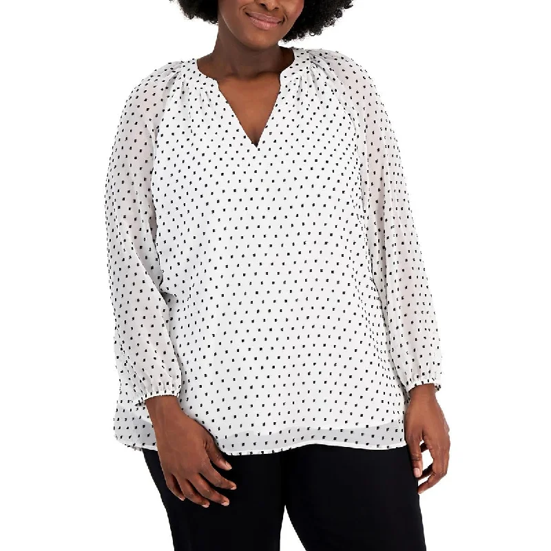 Kasper Womens Plus Chiffon Swiss Dot Blouse Off-Shoulder Wrap Blouse