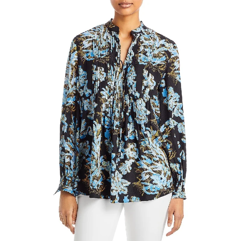 Lafayette 148 New York Womens Pintuck Floral Print Blouse Casual Relaxed Blouse