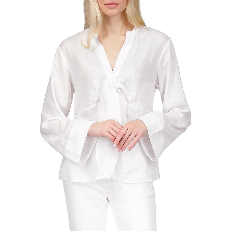 MICHAEL Michael Kors Womens V-Neck Bow Button-Down Blouse Collared Satin Blouse