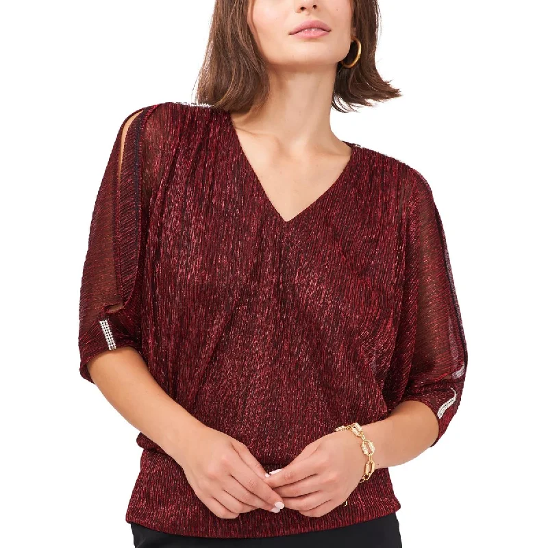 MSK Womens Petites Metallic Cold Shoulder Blouse Double Button Blouse