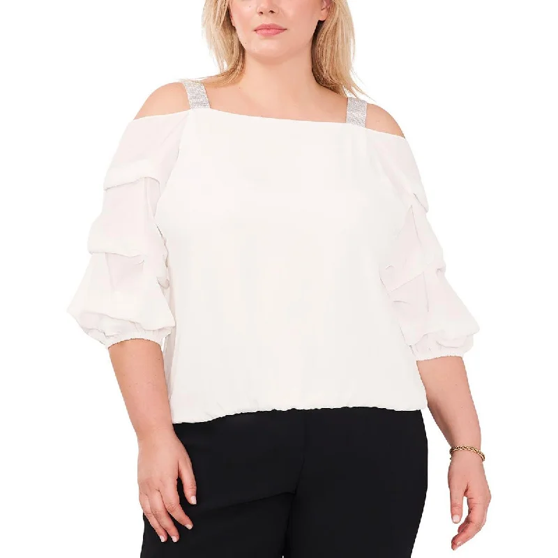 MSK Womens Plus Embellished Cold Shoulder Blouse Puff Sleeve Blouse