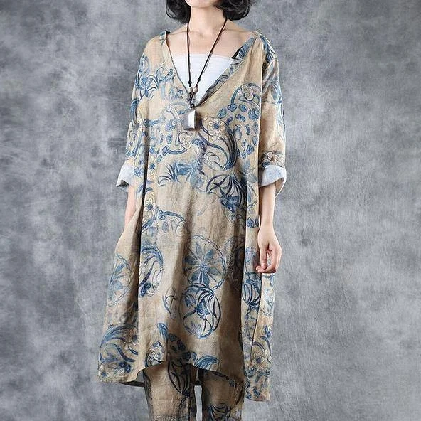 Natural linen clothes Fitted Chinese Style Printed V-Neck Loose Blouse Puff Sleeve Blouse