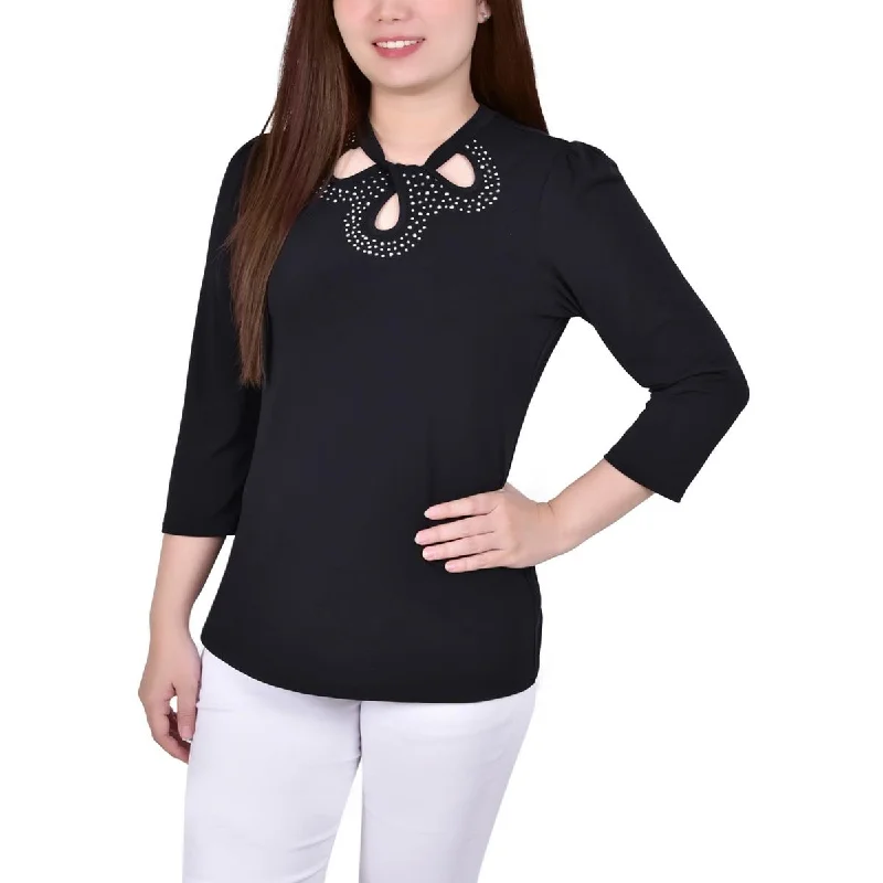 NY Collection Womens Petites Embellished Twist-Neck Blouse Peter Pan Blouse