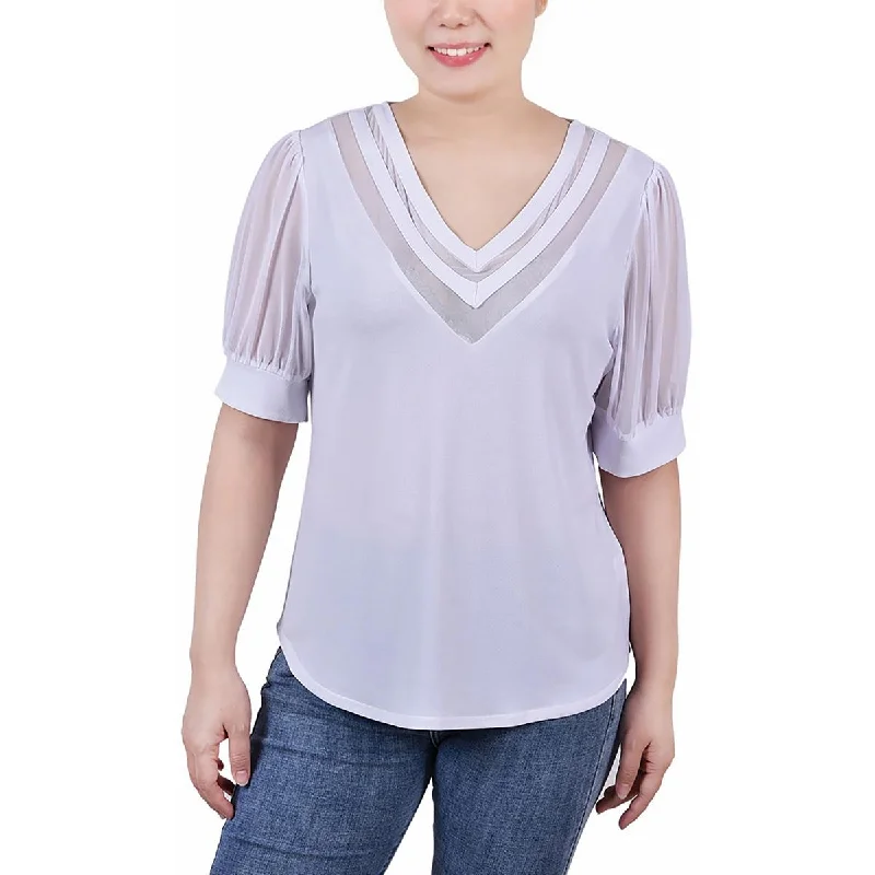 NY Collection Womens Petites Mesh Inset V-Neck Blouse Slim Fit Blouse