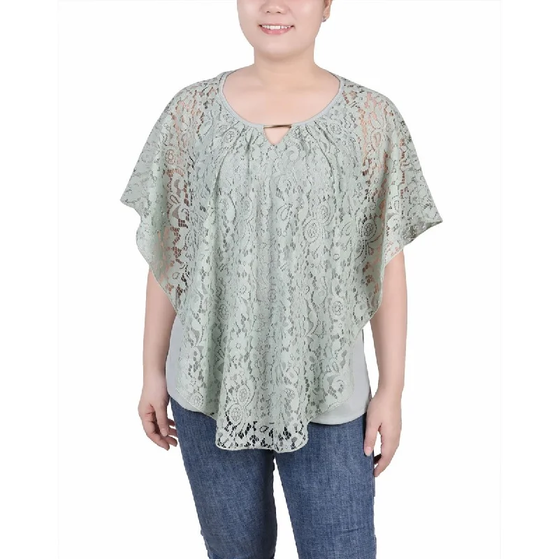 NY Collection Womens Petites Poncho Sleeve Lace Overlay Blouse Elegant Semi-Sheer Blouse