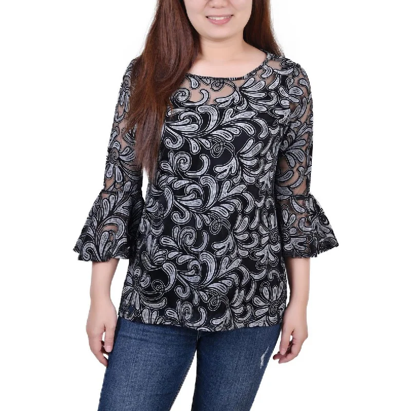 NY Collection Womens Petites Printed Elbow Sleeve Blouse Chic Square Blouse