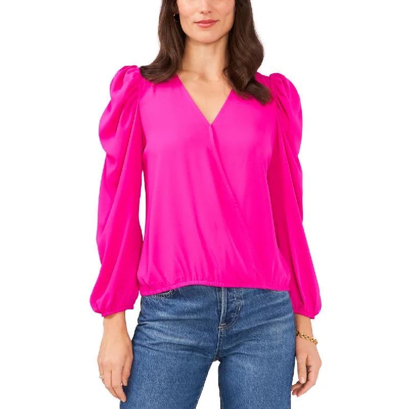 Sam and Jess Womens Surplice Gathered Blouse Asymmetric Hem Blouse