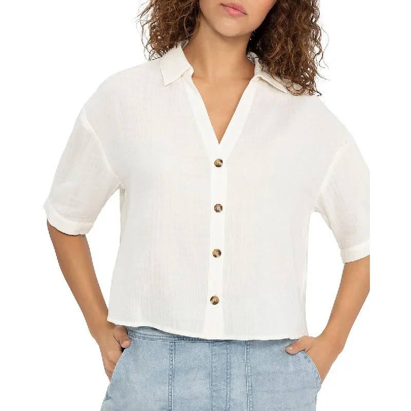 Sanctuary Womens Button Front Collared Blouse Delicate Pleat Blouse