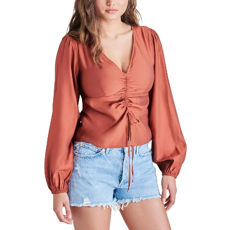 Steve Madden Womens Felicity Ruched V-Neck Blouse Delicate Pleat Blouse