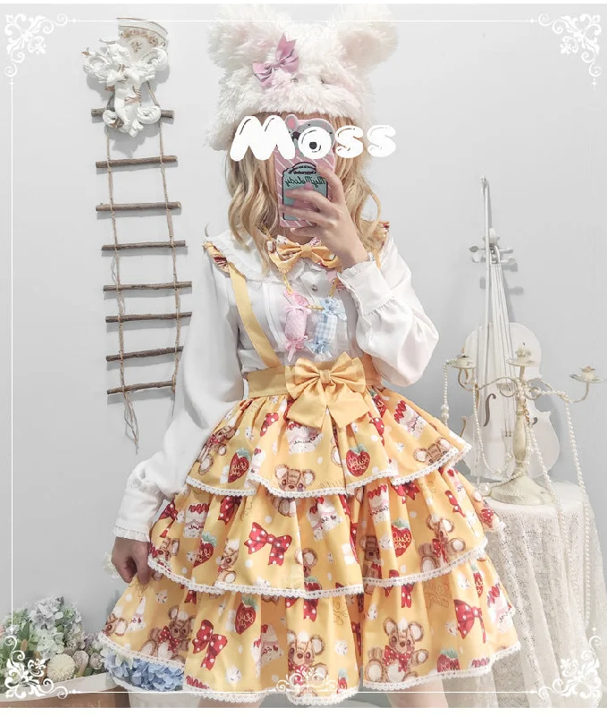 Eieyomi~Strawberry Cake Bear~Kawaii Lolita SK and Blouse Collared Satin Blouse