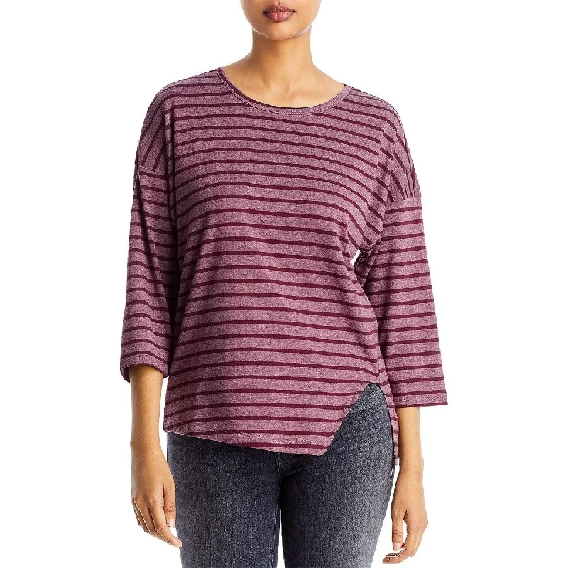 Three Dots Womens Striped Asymmetric Blouse Subtle Shimmer Blouse