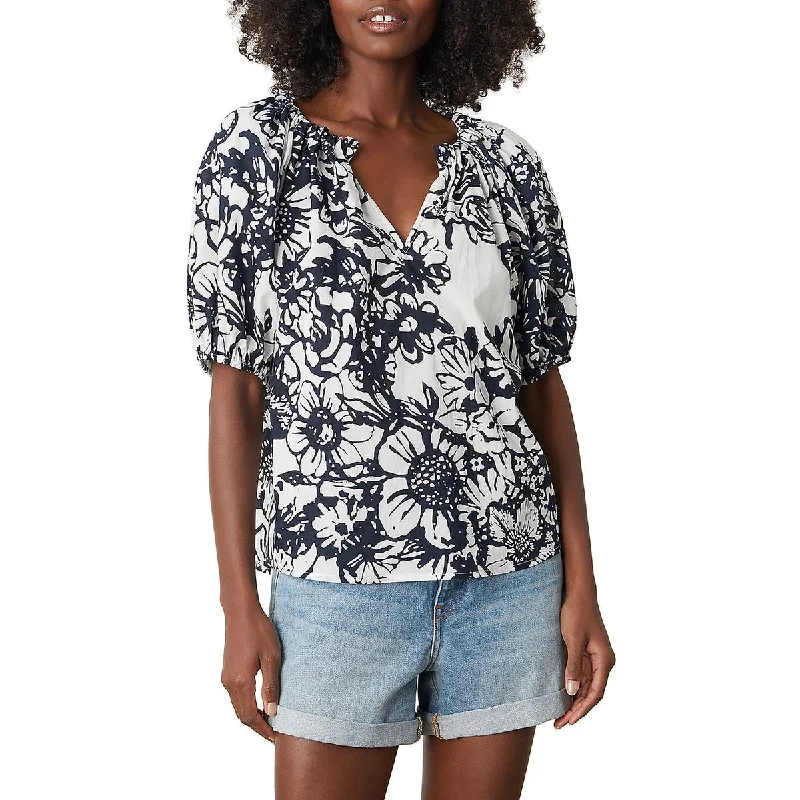 VELVET BY GRAHAM & SPENCER Womens Floral Print V-Neck Blouse Lightweight Linen Blouse