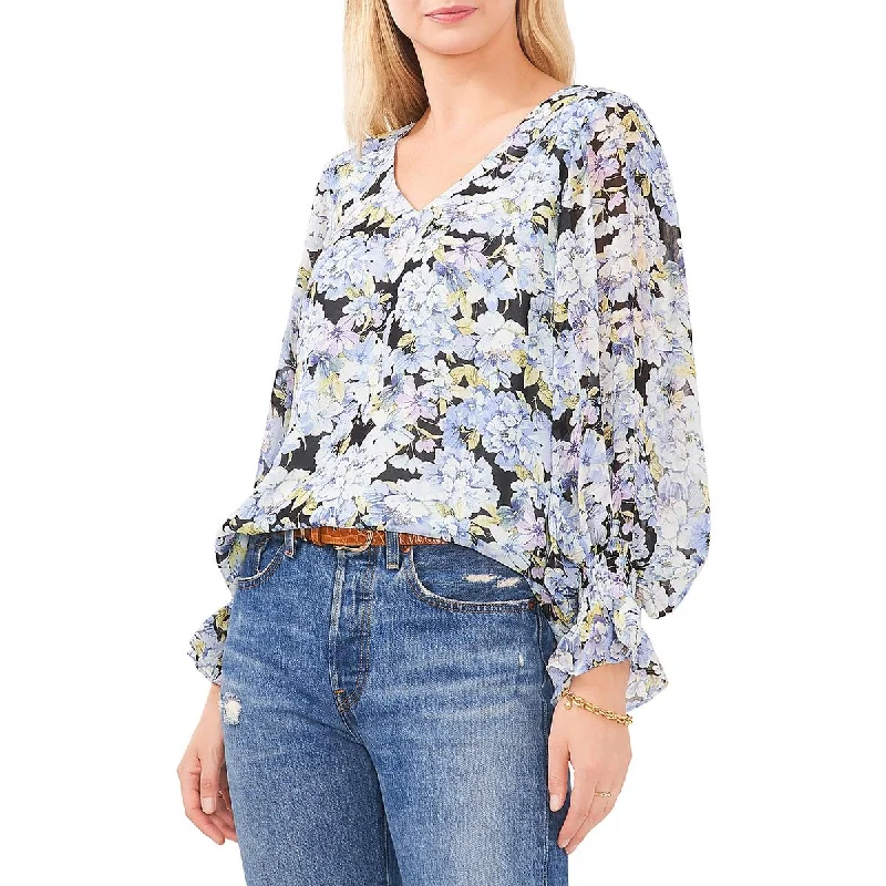 Vince Camuto Womens Floral Print V-Neck Blouse Casual Relaxed Fit Blouse