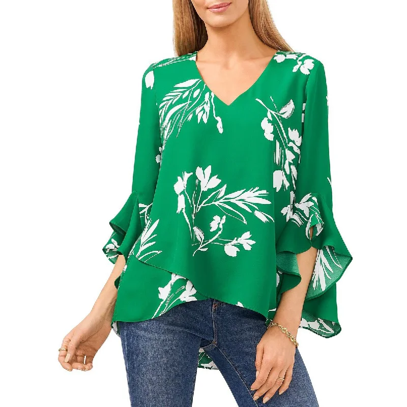 Vince Camuto Womens Printed V Neck Blouse Satin Bow Blouse