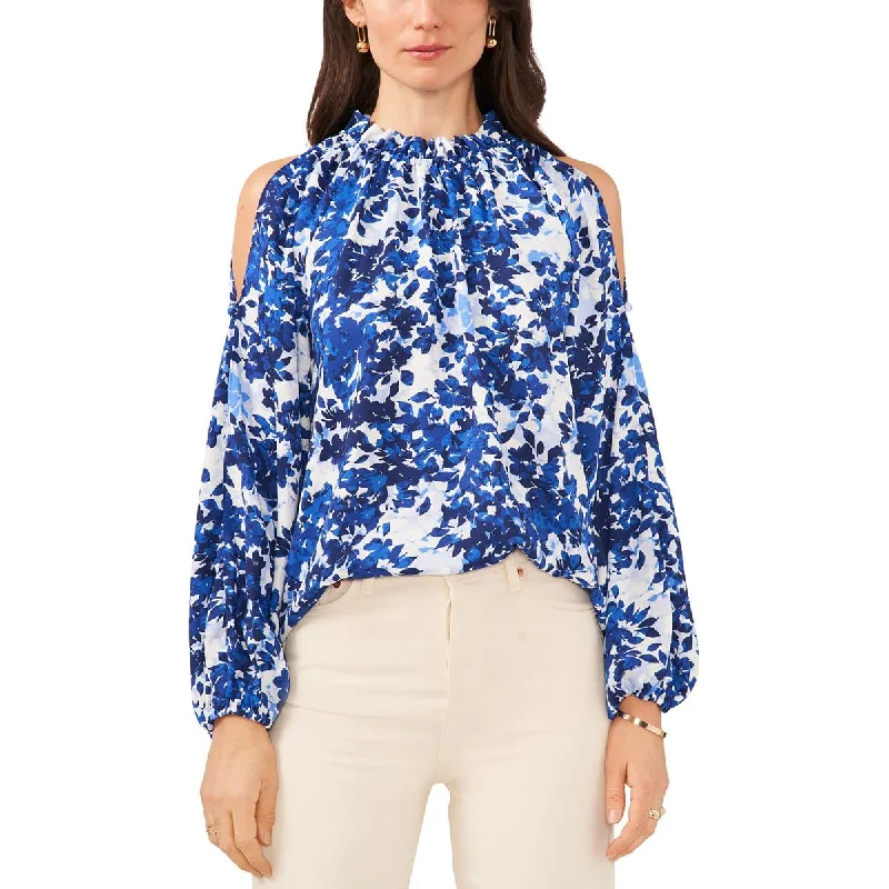 Vince Camuto Womens Ruffle Neck Floral Print Blouse Double-Layered Blouse