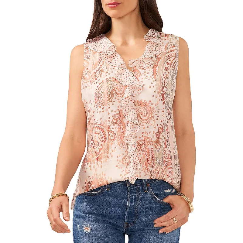 Vince Camuto Womens Ruffle Neck Sleeveless Blouse Embroidered Cotton Blouse