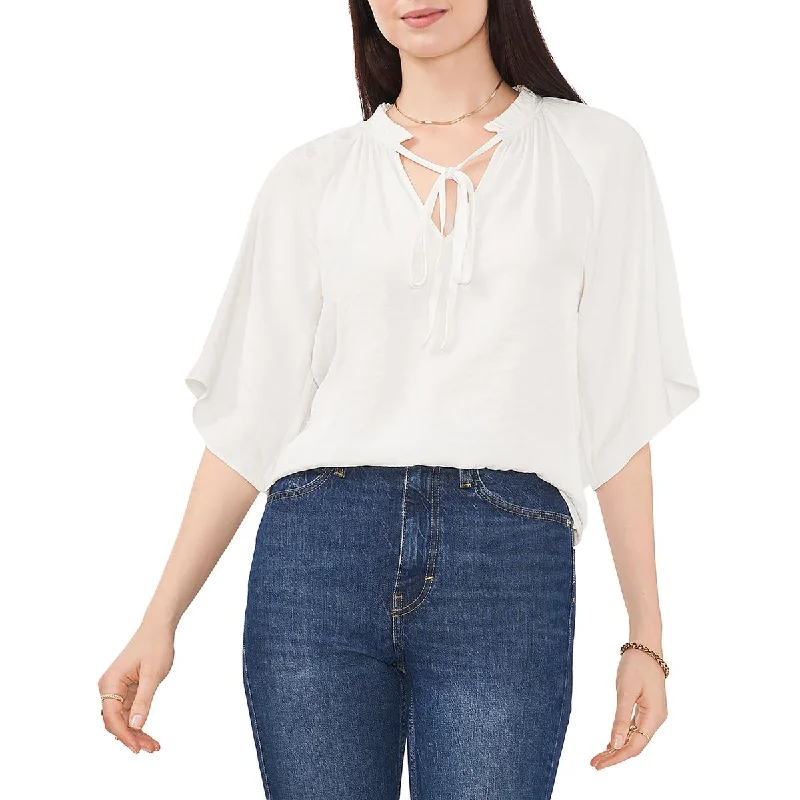 Vince Camuto Womens Sheer Ruffle Split Neck Blouse Relaxed Fit Blouse