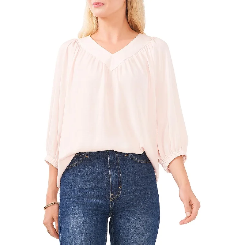 Vince Camuto Womens Shirring V-Neck Blouse Drape Neck Blouse