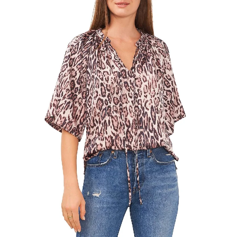 Vince Camuto Womens Tie Neck Animal Print Blouse Flowy Bohemian Blouse