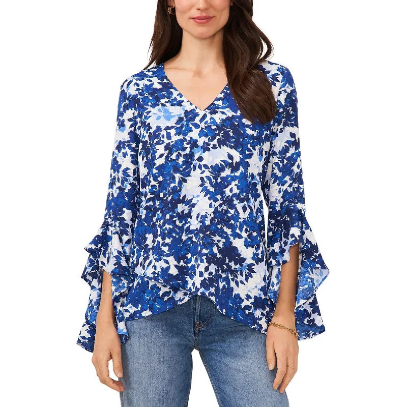 Vince Camuto Womens V-Neck Floral Print Blouse Classic Minimalist Blouse