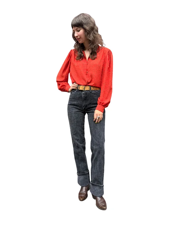 1980s Campus Casuals Red Floral Blouse L Silky Draped Blouse
