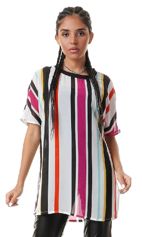 93122 Chiffon Striped Multicolour Round Neck Blouse Chic Ruffle Blouse
