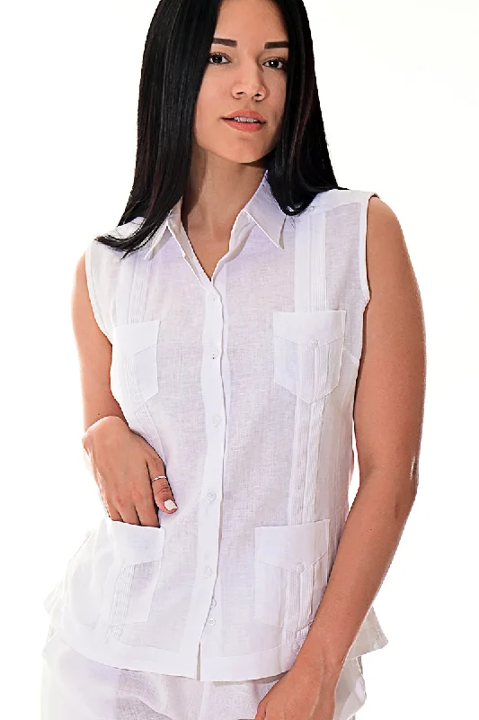 Azucar Ladies 100% Soft Linen Traditional (4) Pocket Guayabera Blouse in (5) Colors- LLGB3006 Classic White Blouse