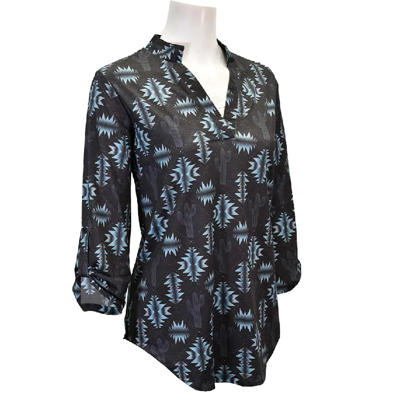 Cowgirl Hardware Women's Aztec Cactus Print Blouse Romantic Lace Blouse