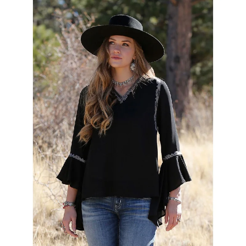 Cruel Denim 3/4 Bell Sleeve Womens Black Blouse Frilled Cuff Blouse
