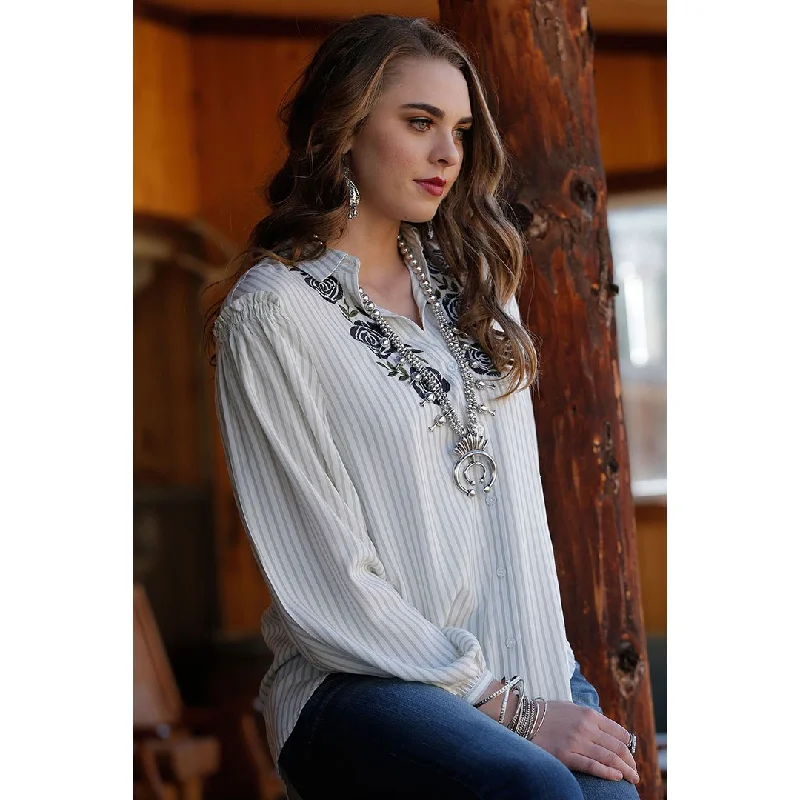 Cruel Denim Cream Stripe Print Womens Blouse Office-Ready Blouse
