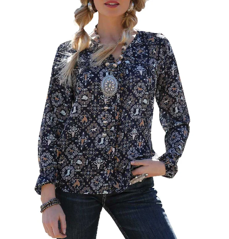 Cruel Denim Women's Steer Pattern Button-Down Blouse Soft Knit Blouse