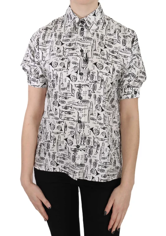 Dolce & Gabbana Elegant Trumpet Print Silk Blouse Flowy Bohemian Blouse