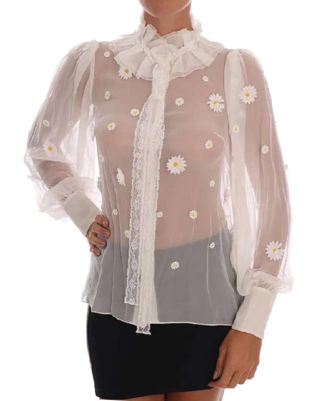 Dolce & Gabbana Elegant White Silk Daisy Blouse Sheer Mesh Blouse