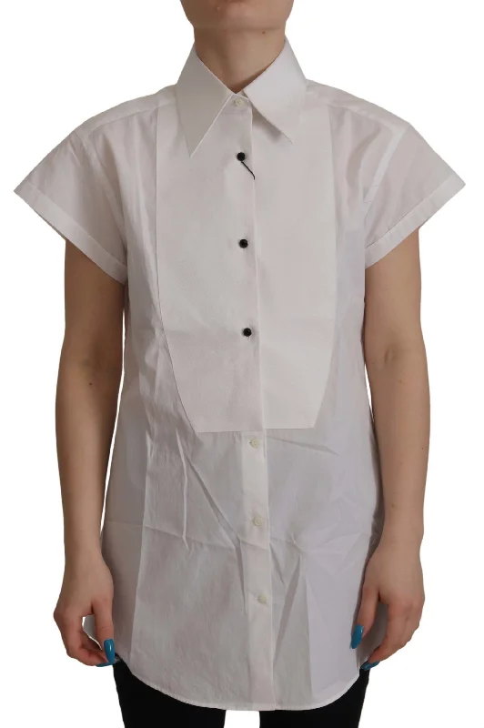 Dolce & Gabbana Elegant Sleeveless Tuxedo Blouse with Crystal Buttons Relaxed Fit Blouse