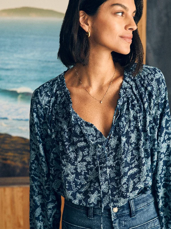 Emery Blouse - Blue Esna Floral Satin Drape Blouse
