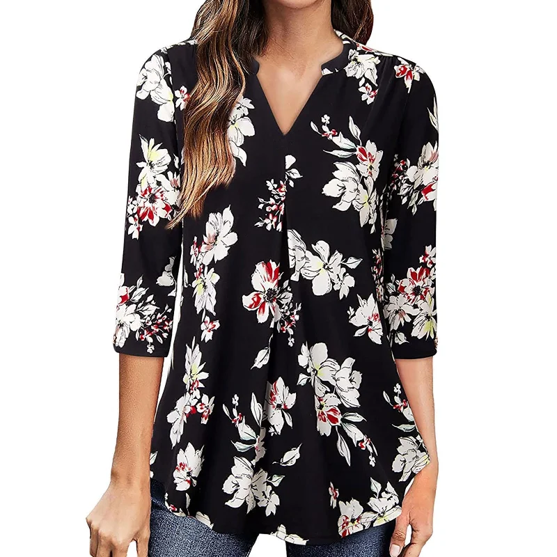 Flowers Print Tops V Neck Long Sleeve Blouse Peter Pan Collar Blouse