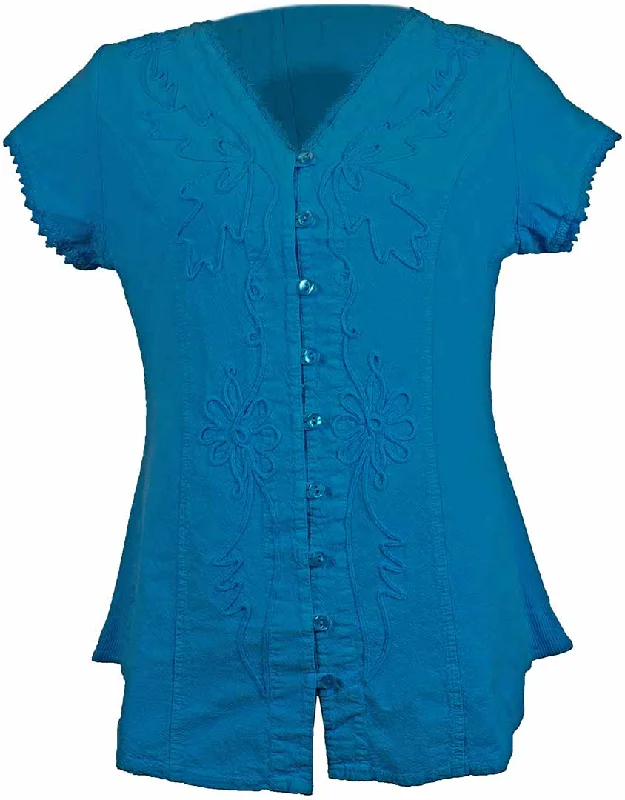 Inca Cottons Women's Short Sleeve Embroidered Blouse Gathered Detail Blouse