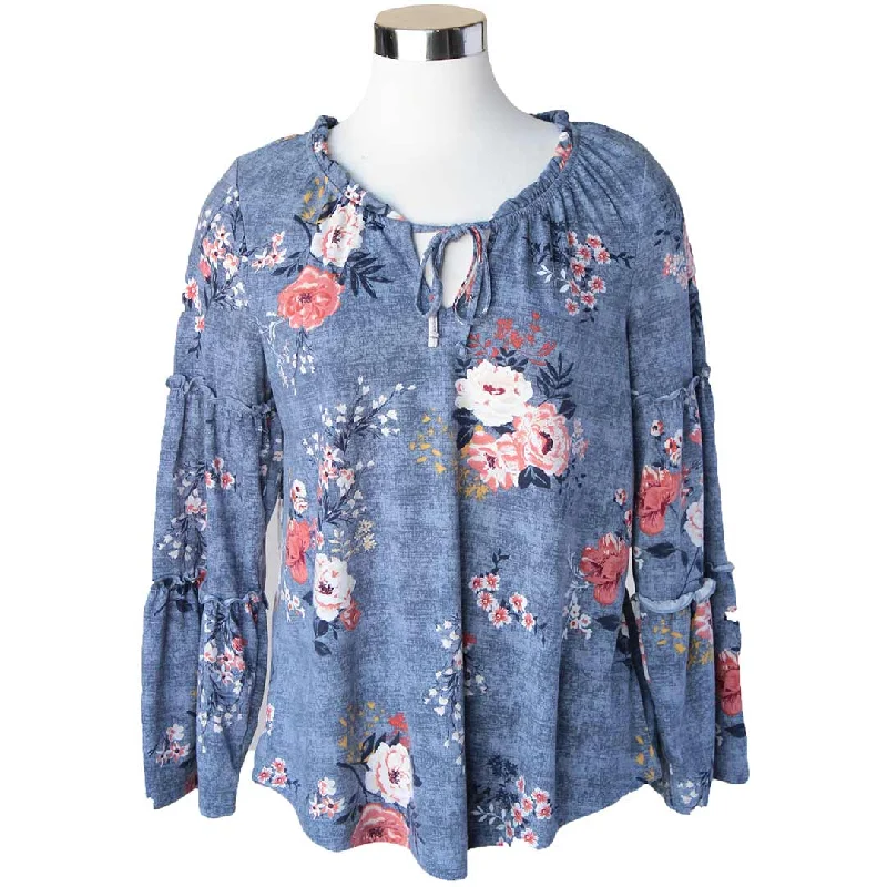 Keren Hart Women's Floral Tiered Sleeve Peasant Blouse Feminine Satin Blouse
