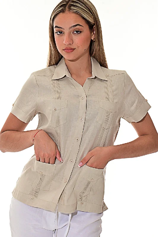 Ladies 100% Soft Linen Traditional (4) Pocket Short Sleeve Guayabera Blouse in (5) Colors - LLGB3008 Sheer Mesh Blouse