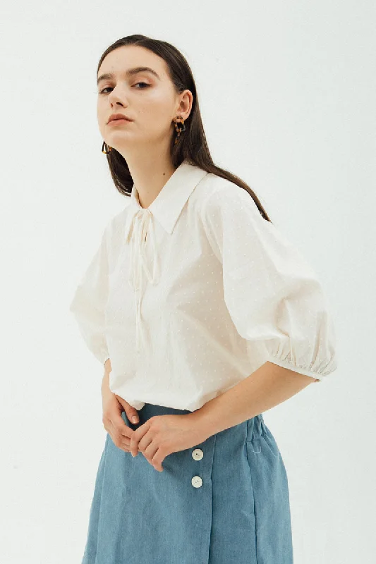 Tie Blouse In Beige Ruched Sleeve Blouse