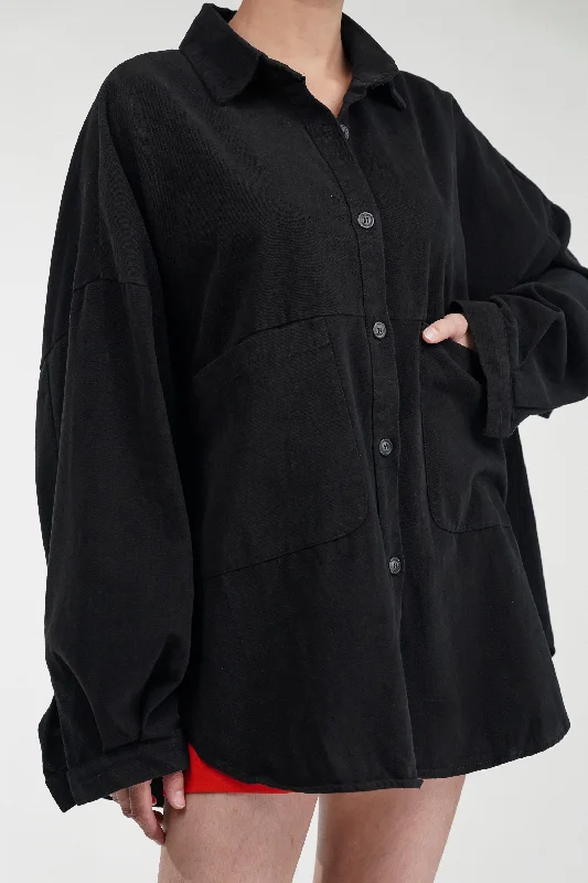 Oversized Black Shacket With Patch Pockets Side Tie Blouse