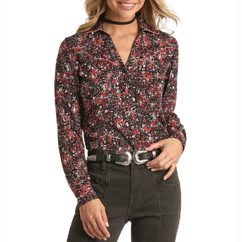 Panhandle Women's Floral Print Snap Blouse Asymmetric Hem Blouse