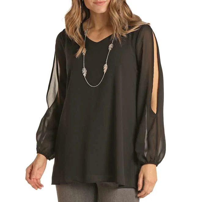 Panhandle Women's Slit Puff Sleeve Blouse Silky Draped Blouse