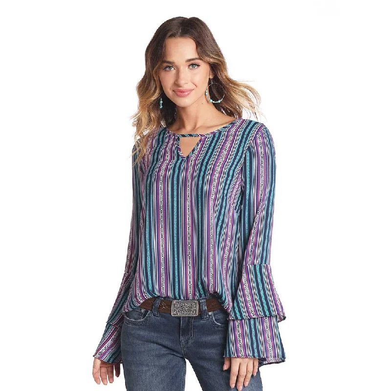 Panhandle Women's Stripe Bell Sleeve Blouse Vintage Polka Blouse