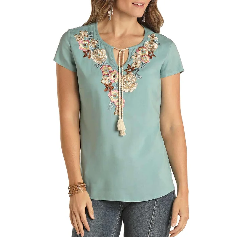 Panhandle Women's Tie Neck Floral Detail Blouse Elegant Semi-Sheer Blouse