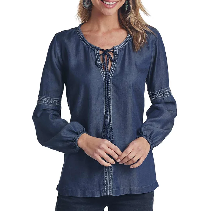 Panhandle Women's Tie Neck Tencel Blouse Chic Wrap Blouse