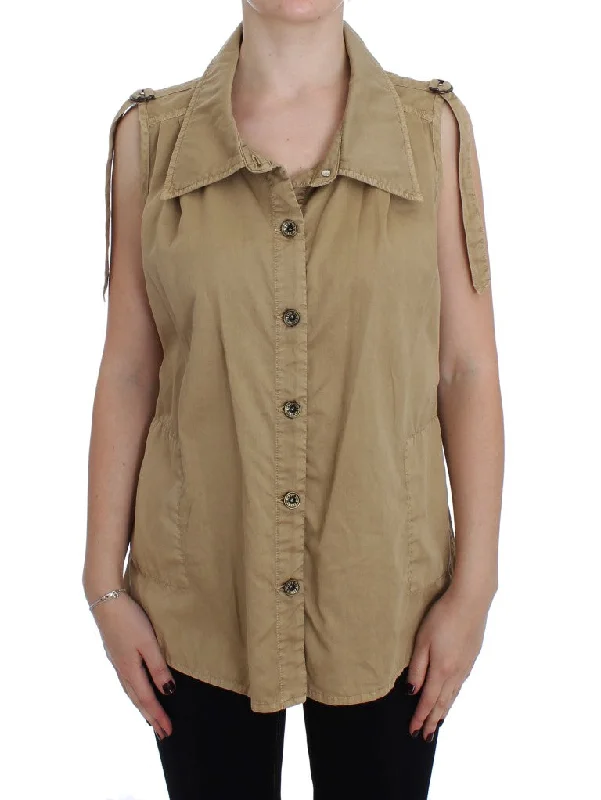 PLEIN SUD Beige Sleeveless Cotton Blouse Feminine Tie Blouse